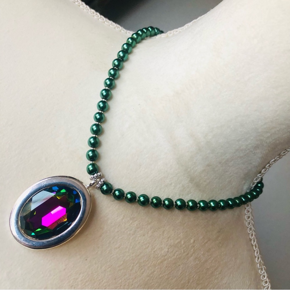 Handcrafted repurpose rainbow faceted stone pendant Czech glass Pearl necklace